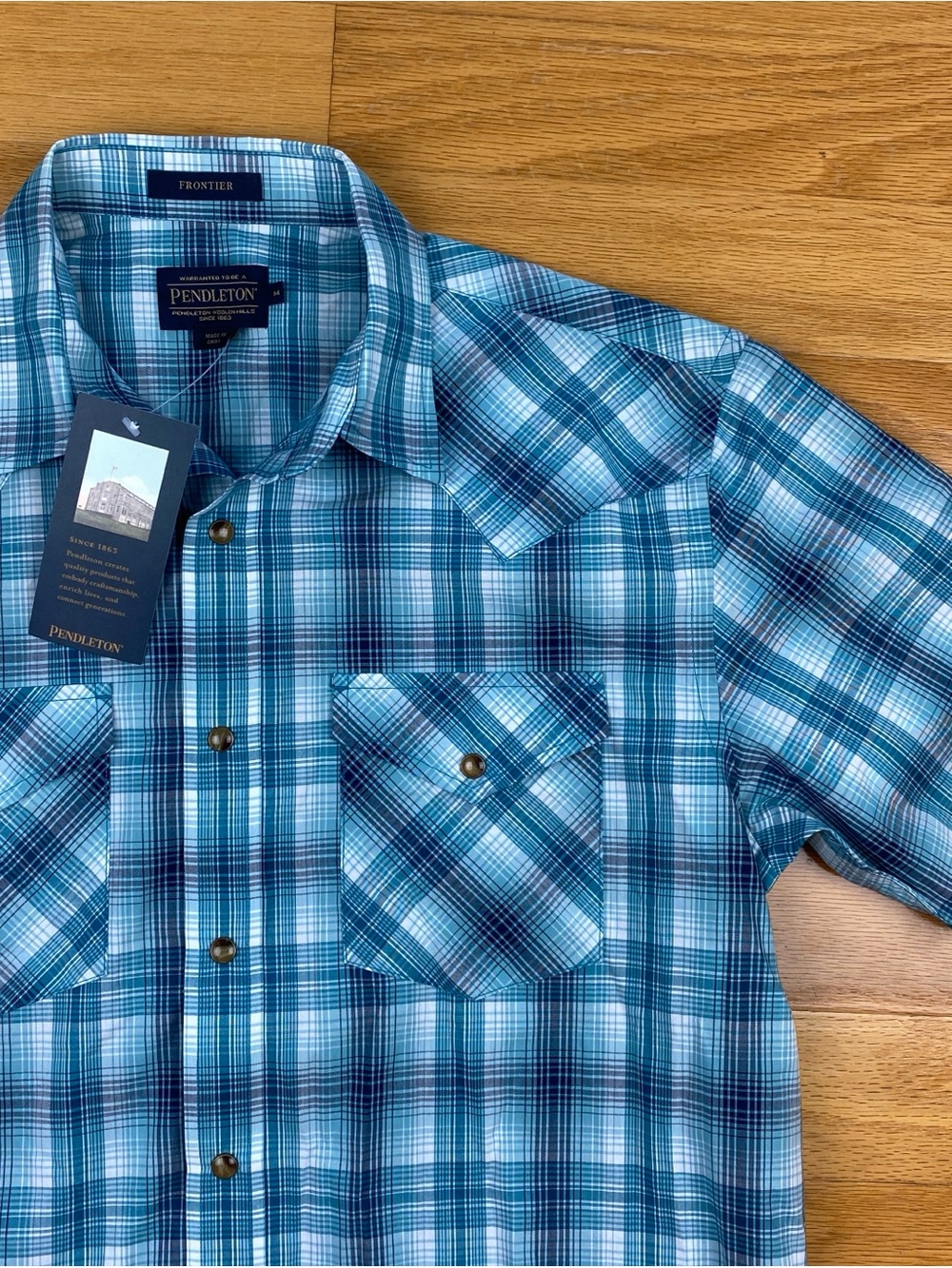 Pendleton Frontier Western Shirt Mens Short Sleeve Pearl Snap Plaid Blue M NEW